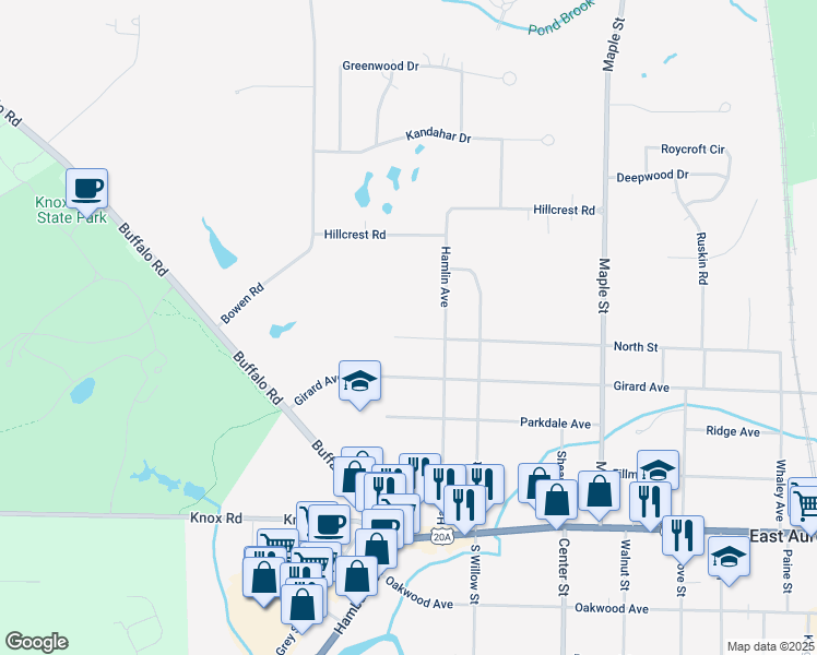 map of restaurants, bars, coffee shops, grocery stores, and more near 166 North Street in East Aurora