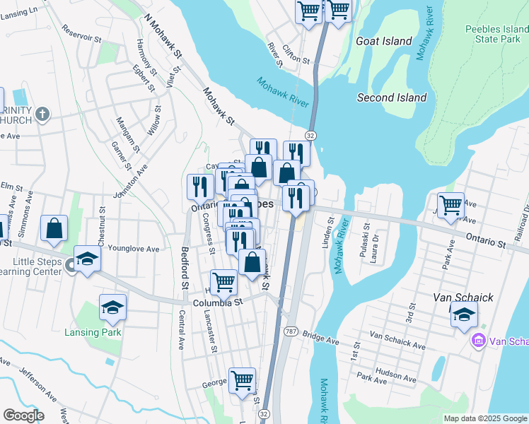 map of restaurants, bars, coffee shops, grocery stores, and more near 100 Canvass Street in Cohoes