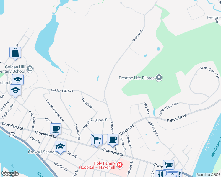 map of restaurants, bars, coffee shops, grocery stores, and more near 124 Kenoza Street in Haverhill