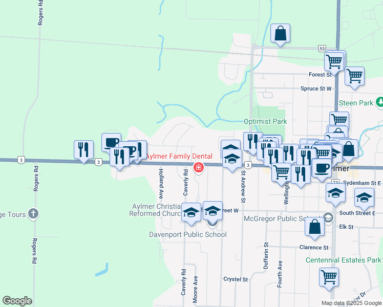 map of restaurants, bars, coffee shops, grocery stores, and more near Linwood Drive in Aylmer