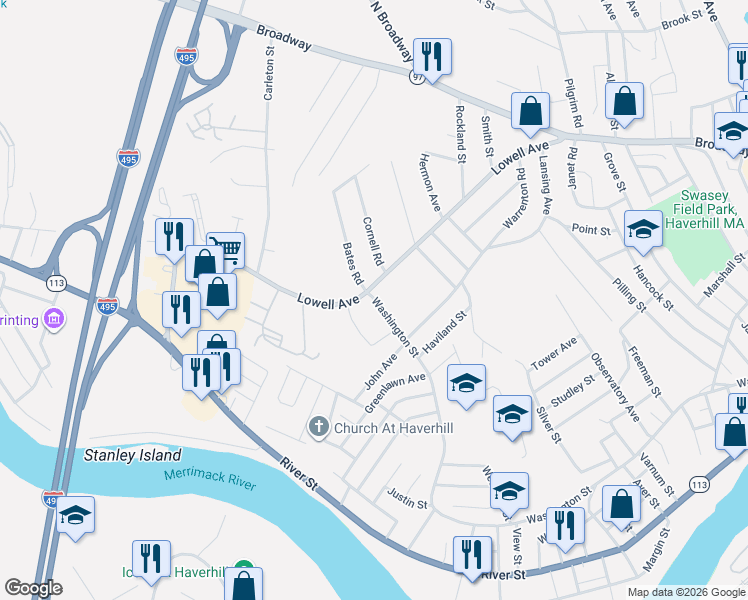 map of restaurants, bars, coffee shops, grocery stores, and more near 875 Washington Street in Haverhill