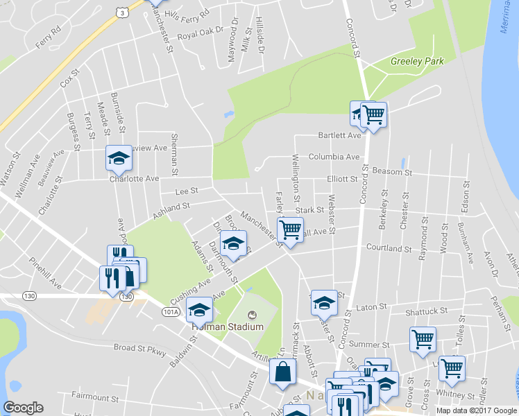 map of restaurants, bars, coffee shops, grocery stores, and more near 6 Reservoir Street in Nashua