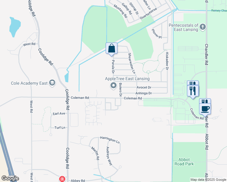 map of restaurants, bars, coffee shops, grocery stores, and more near 3341 Coleman Road in East Lansing