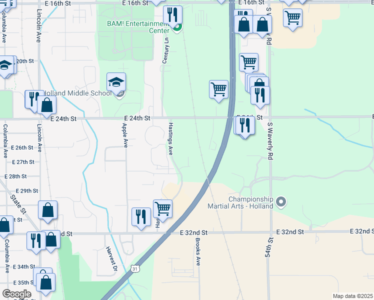 map of restaurants, bars, coffee shops, grocery stores, and more near 625 Hastings Avenue in Holland