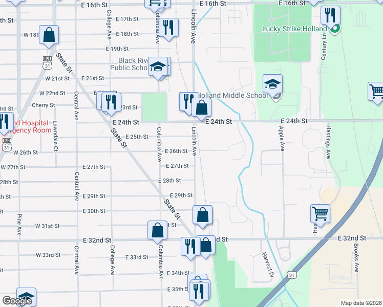 map of restaurants, bars, coffee shops, grocery stores, and more near 626 Lincoln Avenue in Holland