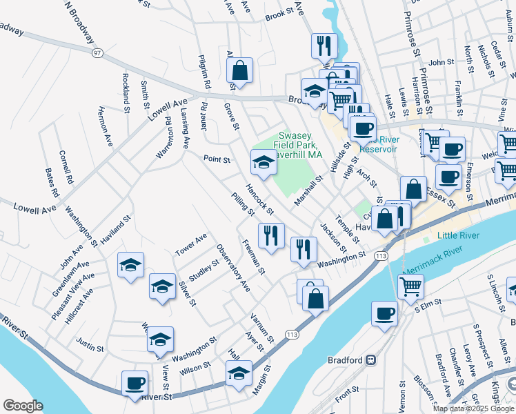 map of restaurants, bars, coffee shops, grocery stores, and more near 17 Boston Street in Haverhill