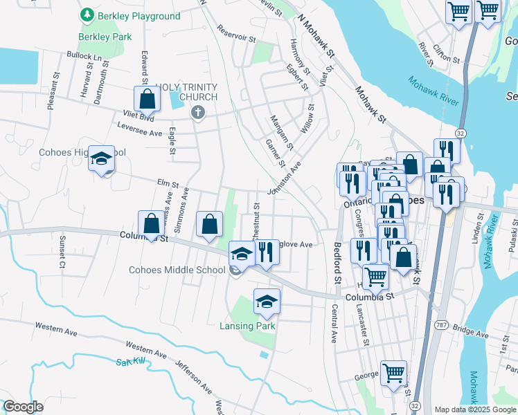 map of restaurants, bars, coffee shops, grocery stores, and more near 36 Chestnut Street in Cohoes