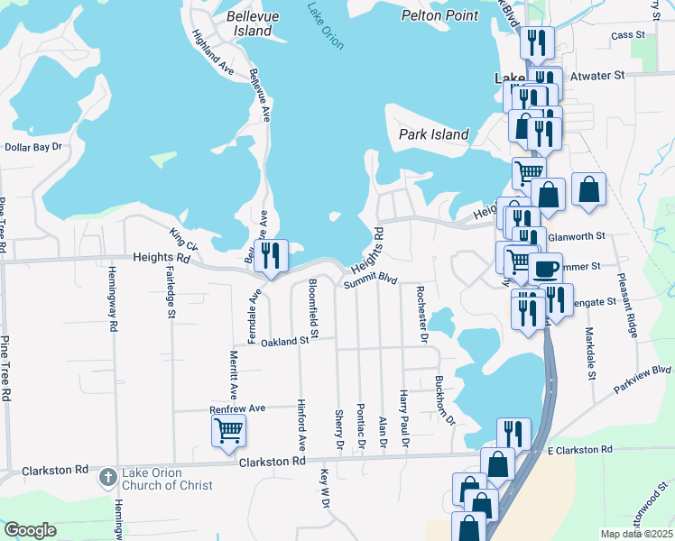 map of restaurants, bars, coffee shops, grocery stores, and more near 405 Heights Road in Lake Orion