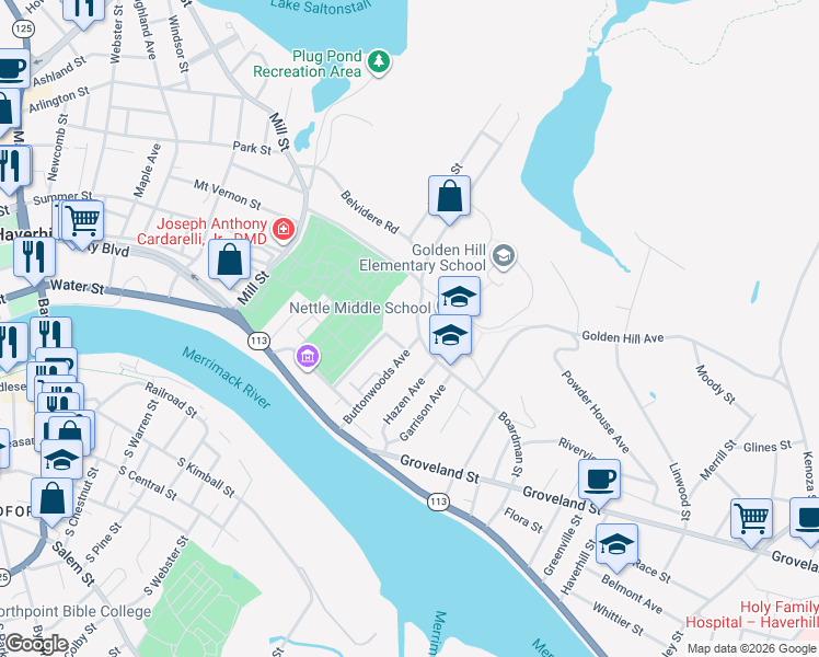 map of restaurants, bars, coffee shops, grocery stores, and more near 30 Woodbridge Street in Haverhill