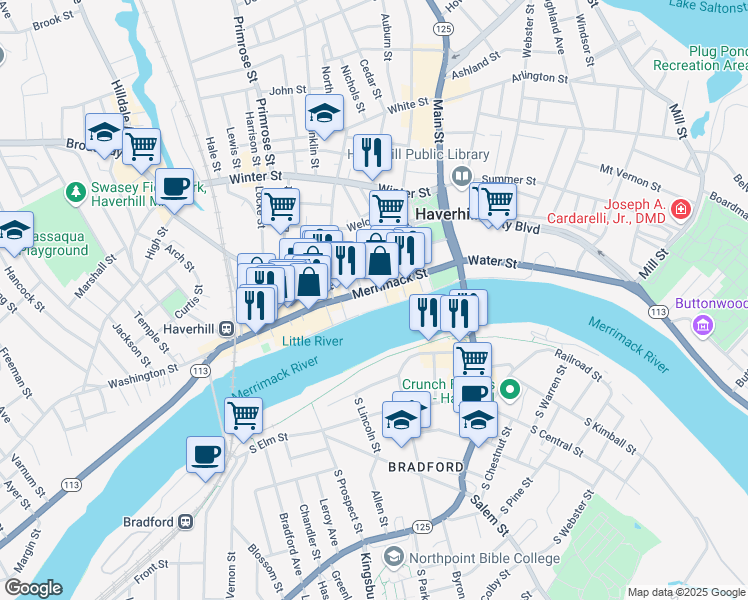 map of restaurants, bars, coffee shops, grocery stores, and more near 180 Merrimack Street in Haverhill