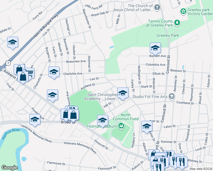 map of restaurants, bars, coffee shops, grocery stores, and more near 2 Ashland Street in Nashua