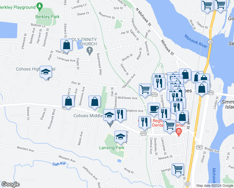 map of restaurants, bars, coffee shops, grocery stores, and more near 15 Broadway in Cohoes