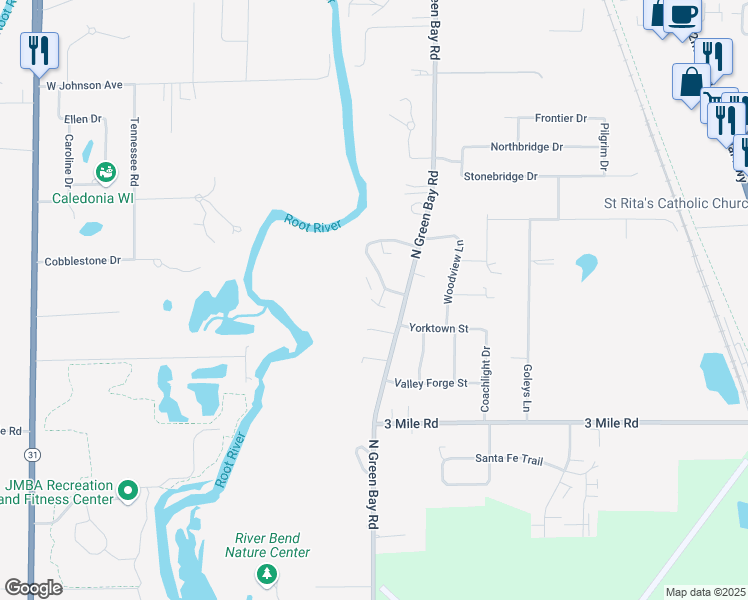 map of restaurants, bars, coffee shops, grocery stores, and more near 4314 Kennedy Drive in Racine