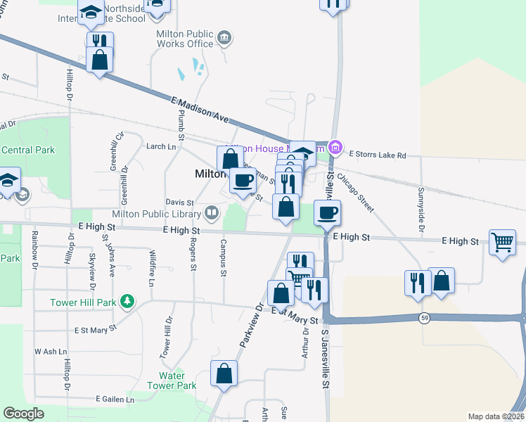 map of restaurants, bars, coffee shops, grocery stores, and more near 619 College Street in Milton