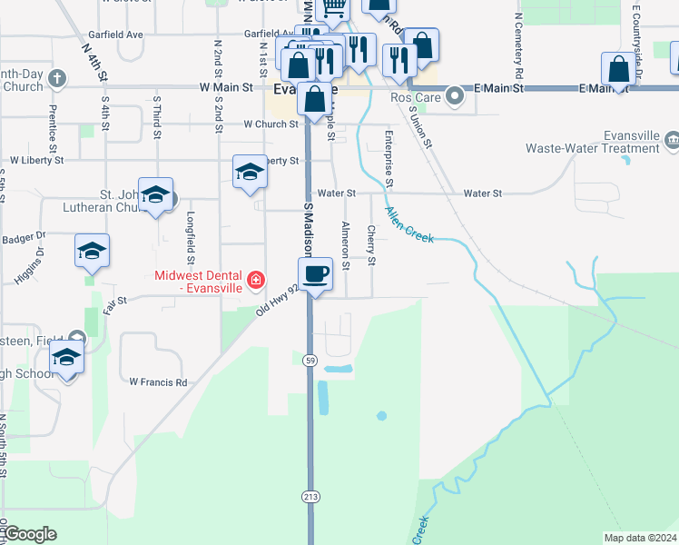 map of restaurants, bars, coffee shops, grocery stores, and more near 435 Almeron Street in Evansville