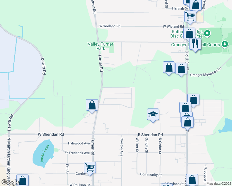 map of restaurants, bars, coffee shops, grocery stores, and more near Bee Jay Dr in Lansing