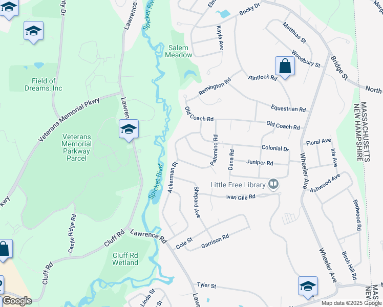 map of restaurants, bars, coffee shops, grocery stores, and more near 9 Clydesdale Road in Salem