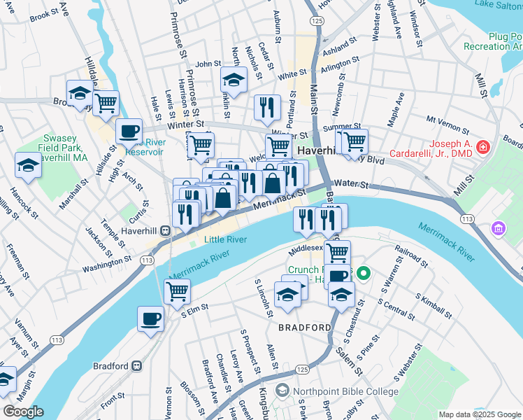 map of restaurants, bars, coffee shops, grocery stores, and more near 180 Merrimack Street in Haverhill