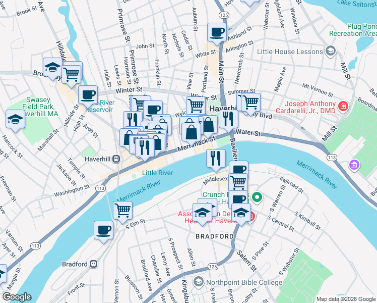 map of restaurants, bars, coffee shops, grocery stores, and more near 180 Merrimack Street in Haverhill