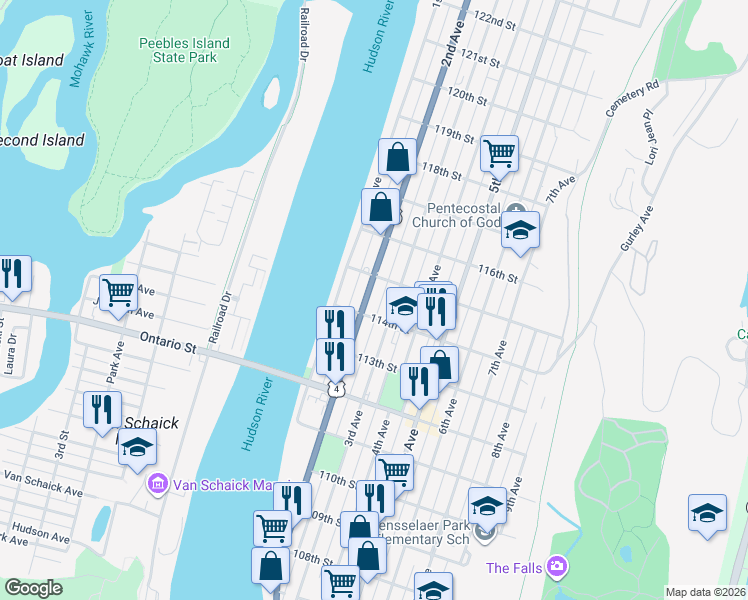map of restaurants, bars, coffee shops, grocery stores, and more near 550 2nd Avenue in Troy