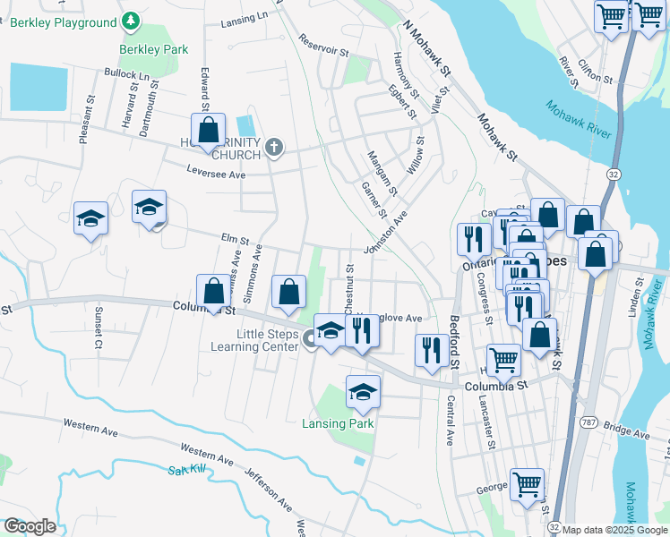 map of restaurants, bars, coffee shops, grocery stores, and more near 17 Oak Street in Cohoes