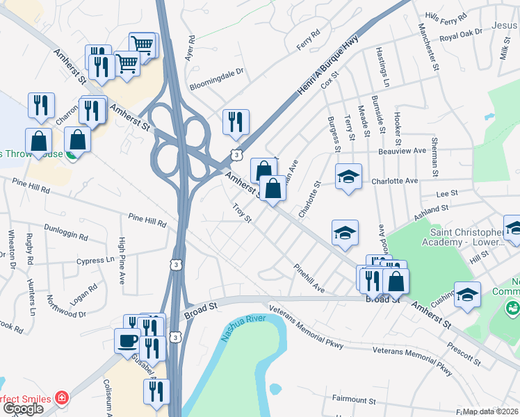 map of restaurants, bars, coffee shops, grocery stores, and more near 6 Milford Street in Nashua
