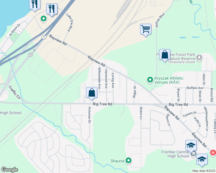map of restaurants, bars, coffee shops, grocery stores, and more near 4075 Harwood Avenue in Buffalo