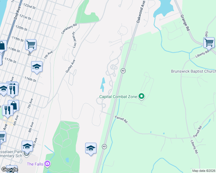 map of restaurants, bars, coffee shops, grocery stores, and more near 614 Apex Lane in Troy