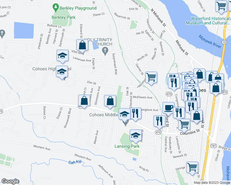 map of restaurants, bars, coffee shops, grocery stores, and more near 34 Masten Ave in Cohoes