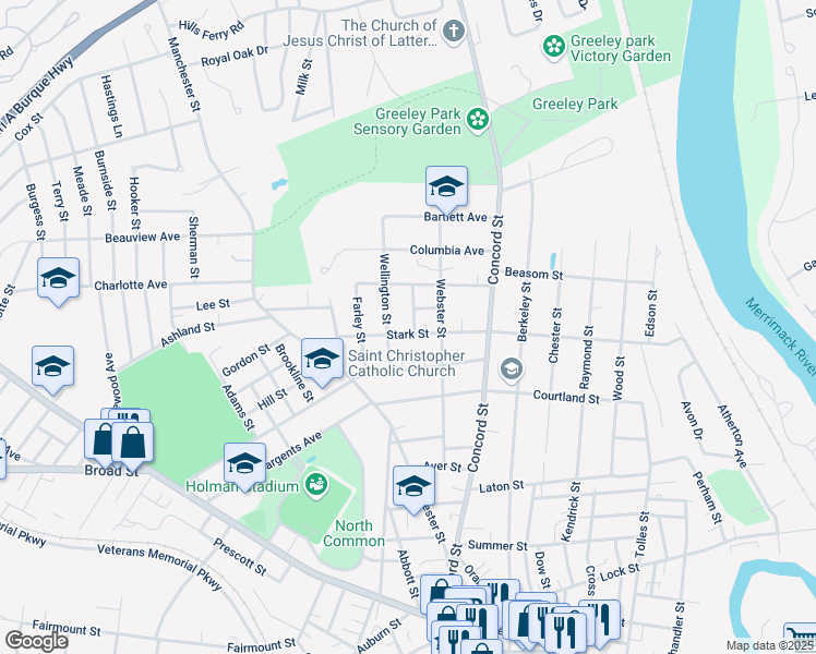 map of restaurants, bars, coffee shops, grocery stores, and more near 23 Stark Street in Nashua
