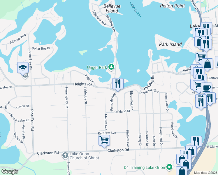 map of restaurants, bars, coffee shops, grocery stores, and more near 566 Bellevue Avenue in Orion Township