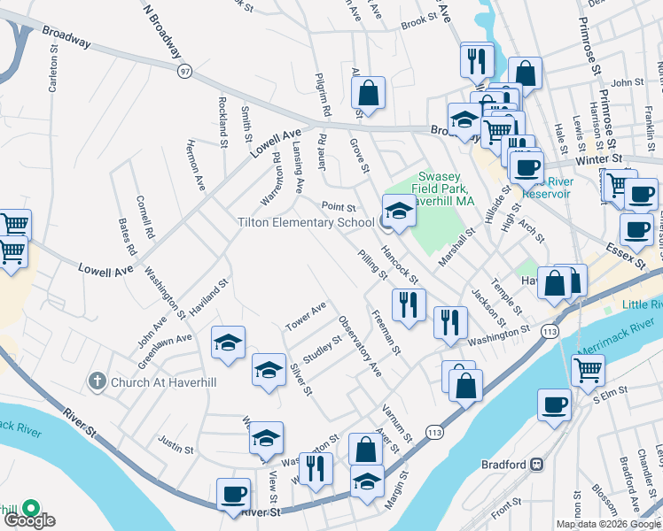 map of restaurants, bars, coffee shops, grocery stores, and more near 116 Freeman Street in Haverhill