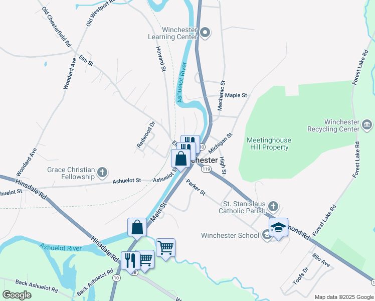 map of restaurants, bars, coffee shops, grocery stores, and more near 9 Elm Street in Winchester