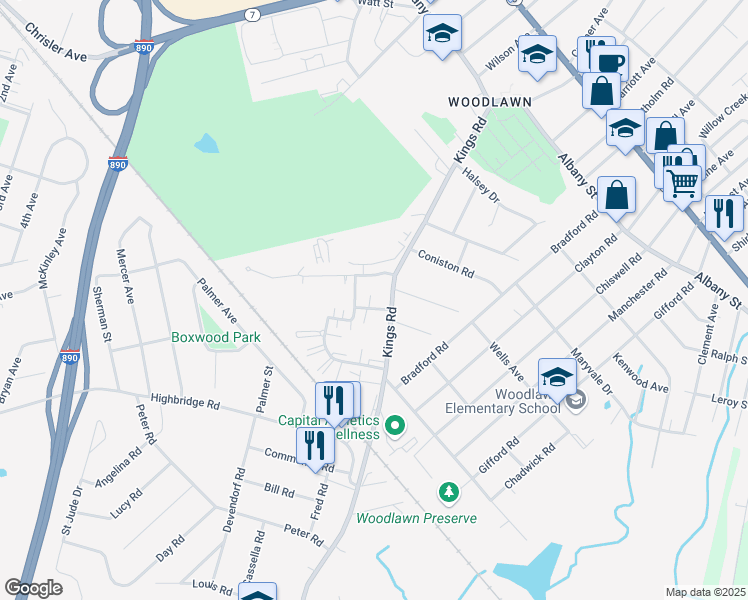 map of restaurants, bars, coffee shops, grocery stores, and more near 4240 Menga Drive in Schenectady