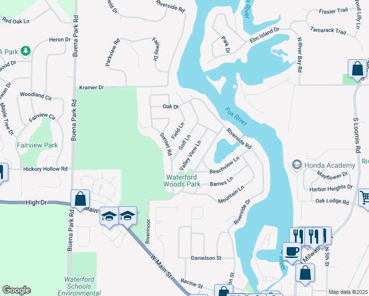map of restaurants, bars, coffee shops, grocery stores, and more near 4317 Golf Drive in Waterford