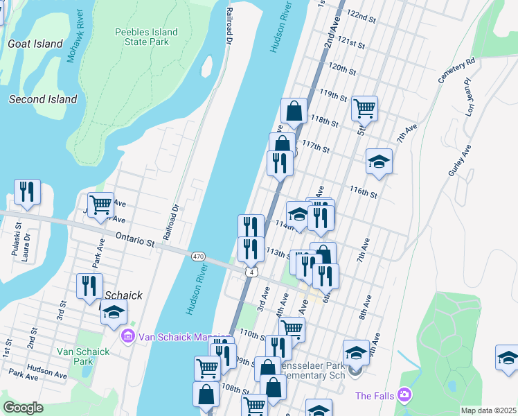 map of restaurants, bars, coffee shops, grocery stores, and more near 546 1st Avenue in Troy