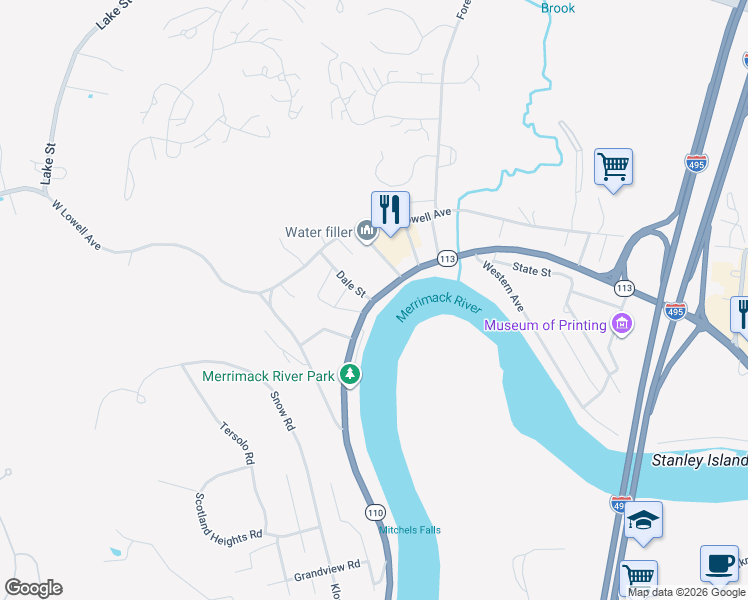 map of restaurants, bars, coffee shops, grocery stores, and more near 1230 River Street in Haverhill