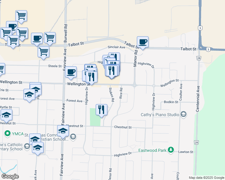 map of restaurants, bars, coffee shops, grocery stores, and more near 70 Stokes Road in St. Thomas
