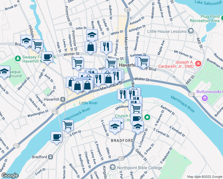 map of restaurants, bars, coffee shops, grocery stores, and more near 6 Merrimack Place in Haverhill