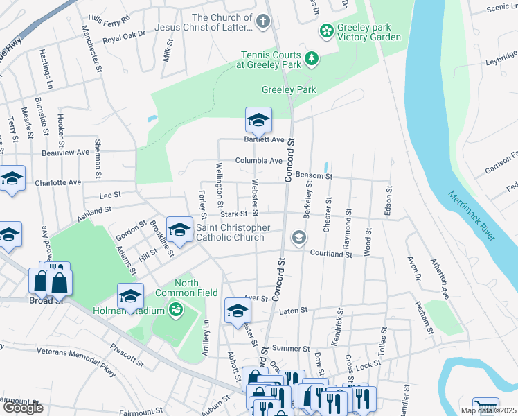 map of restaurants, bars, coffee shops, grocery stores, and more near 11 Stark Street in Nashua