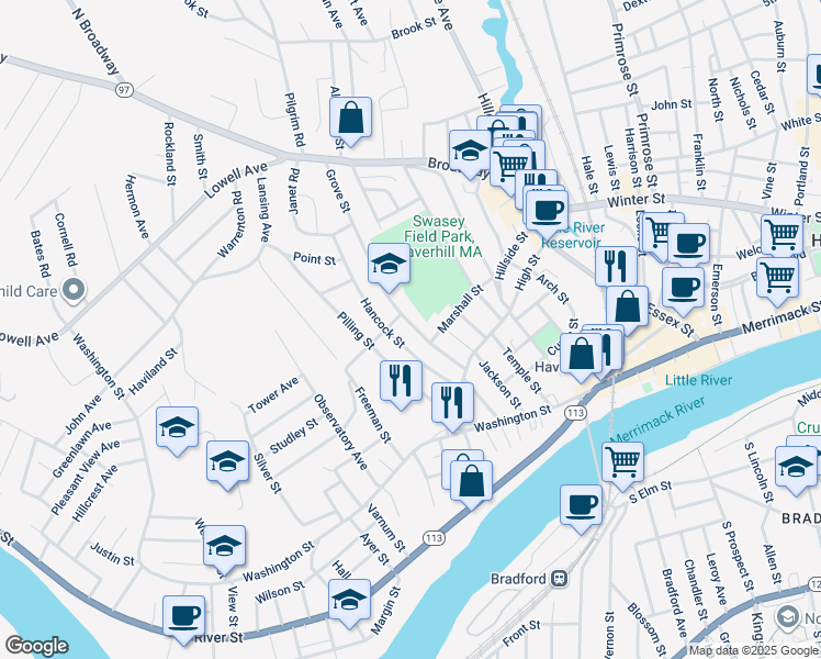 map of restaurants, bars, coffee shops, grocery stores, and more near 42 Grove Street in Haverhill