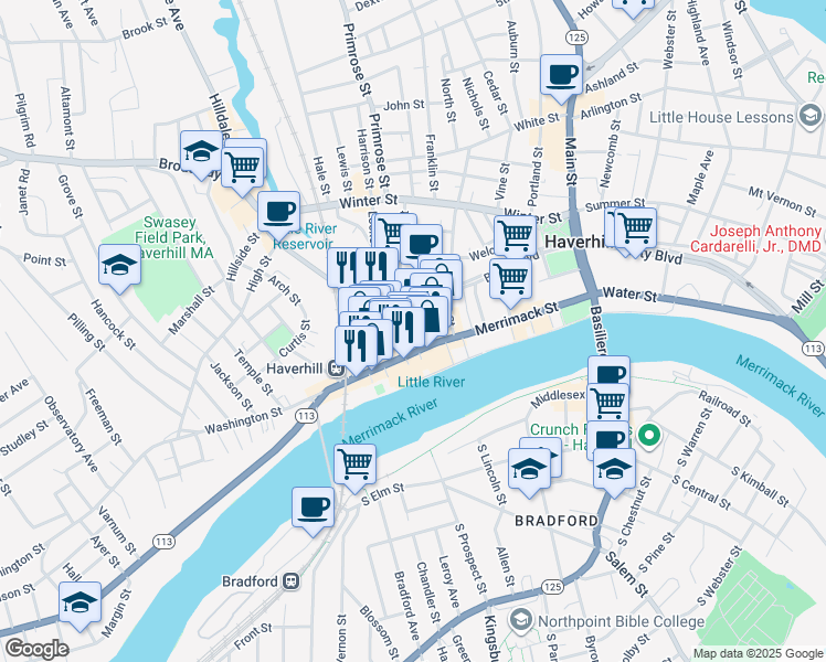 map of restaurants, bars, coffee shops, grocery stores, and more near 18 Essex Street in Haverhill