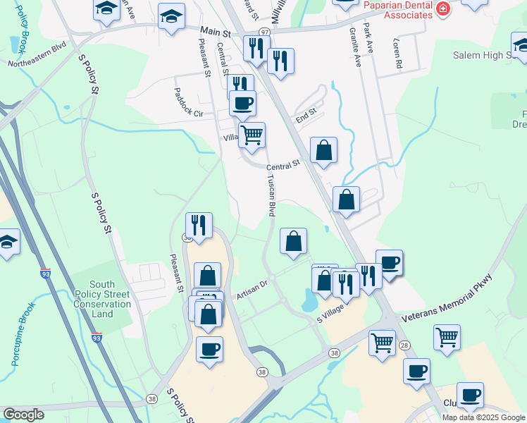 map of restaurants, bars, coffee shops, grocery stores, and more near 71 Rockingham Park Boulevard in Salem
