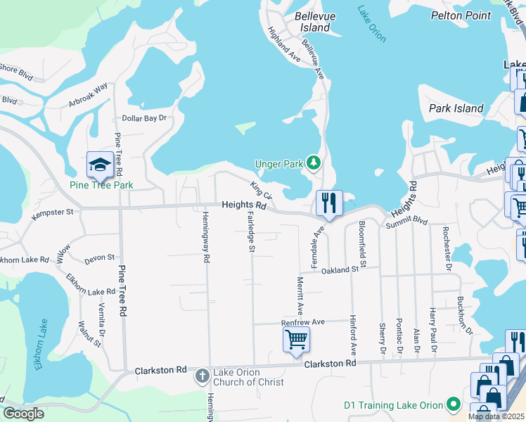 map of restaurants, bars, coffee shops, grocery stores, and more near 667 Heights Road in Lake Orion