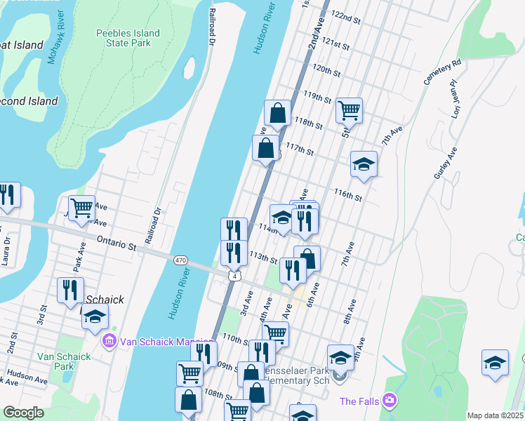 map of restaurants, bars, coffee shops, grocery stores, and more near 554 2nd Avenue in Troy