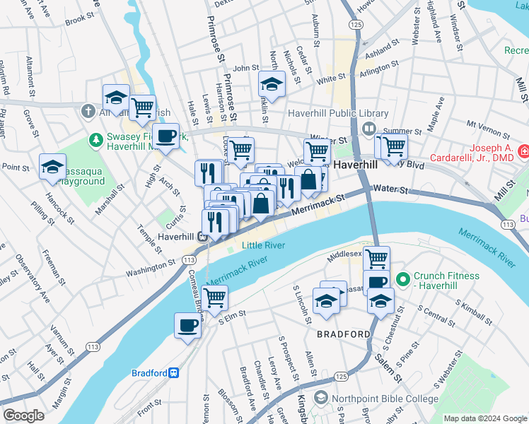 map of restaurants, bars, coffee shops, grocery stores, and more near 25 Washington Square in Haverhill