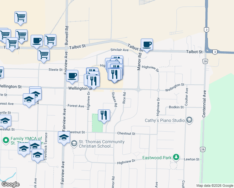 map of restaurants, bars, coffee shops, grocery stores, and more near 70 Stokes Road in St. Thomas