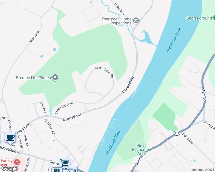 map of restaurants, bars, coffee shops, grocery stores, and more near 54 7 Sister Road in Haverhill