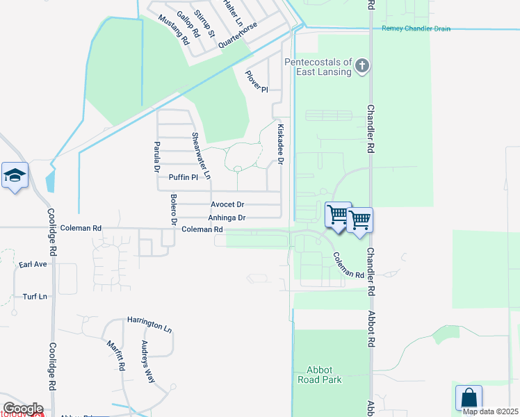 map of restaurants, bars, coffee shops, grocery stores, and more near 463 Avocet Drive in East Lansing