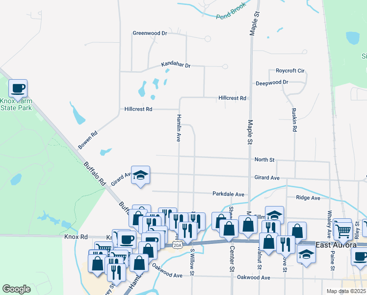 map of restaurants, bars, coffee shops, grocery stores, and more near 208 Hamlin Avenue in East Aurora